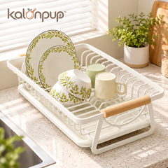 kalonpup™ Countertop Organization Series – Modern Metal Dish Drying Rack with Wood Handle
