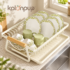 kalonpup™ Countertop Organization Series – Modern Metal Dish Drying Rack with Wood Handle