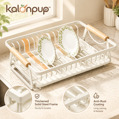 kalonpup™ Countertop Organization Series – Modern Metal Dish Drying Rack with Wood Handle